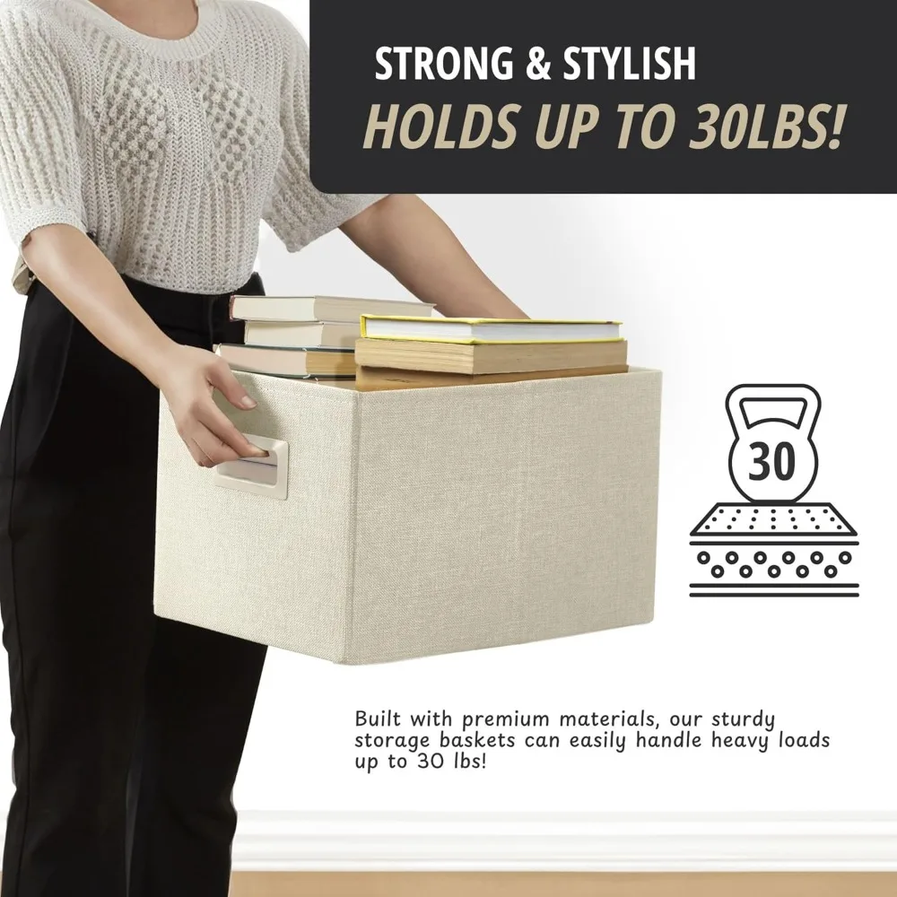 صناديق تخزين قماشية قوية للأرفف - مثالية لتنظيم الألعاب والملابس والكتب (مجموعة من 3 قطع، بيج)