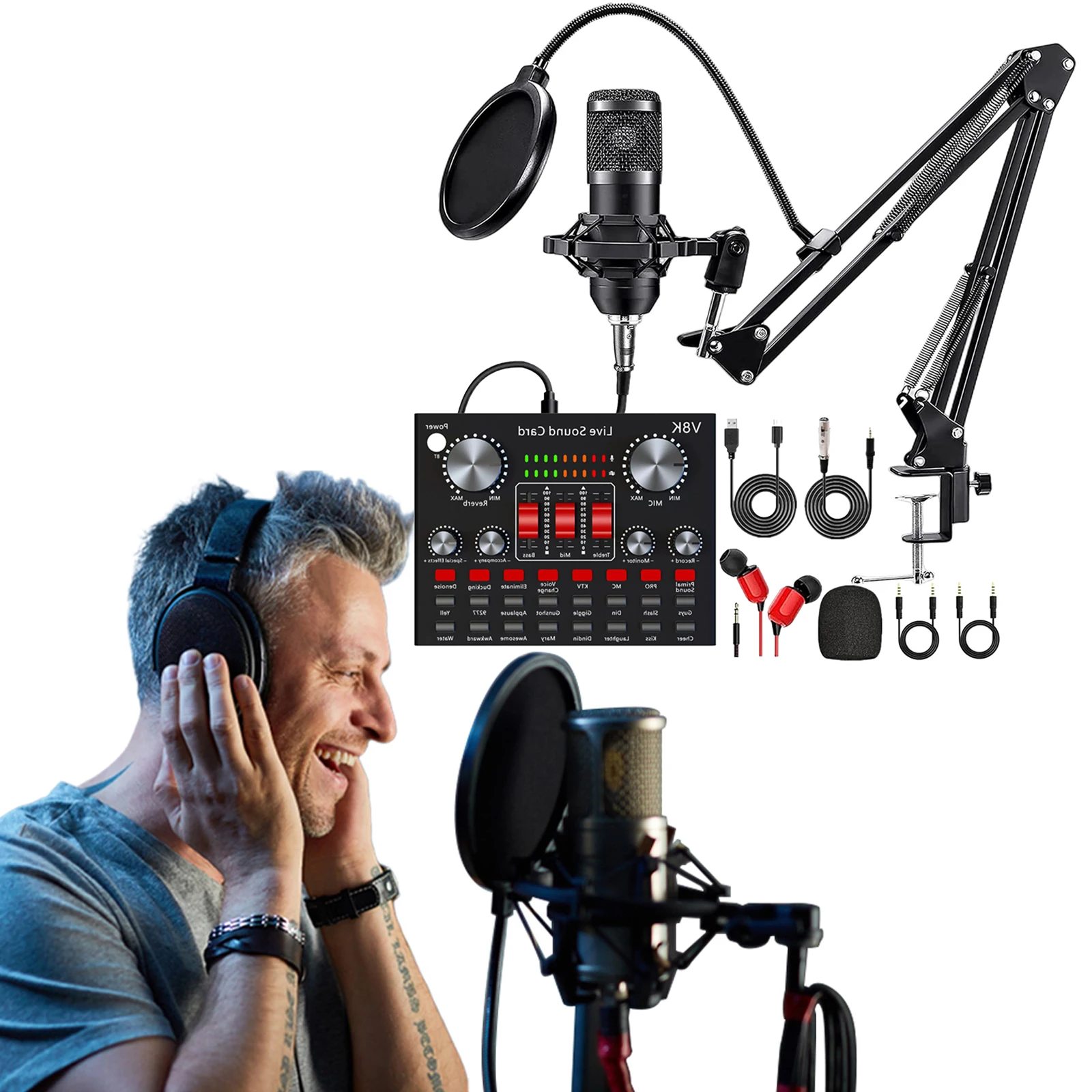 All-in-One Recording Equipment Audio Mixer Voice Changer Microphone Kit with BM800 Microphone for Music/Recording Live Streaming