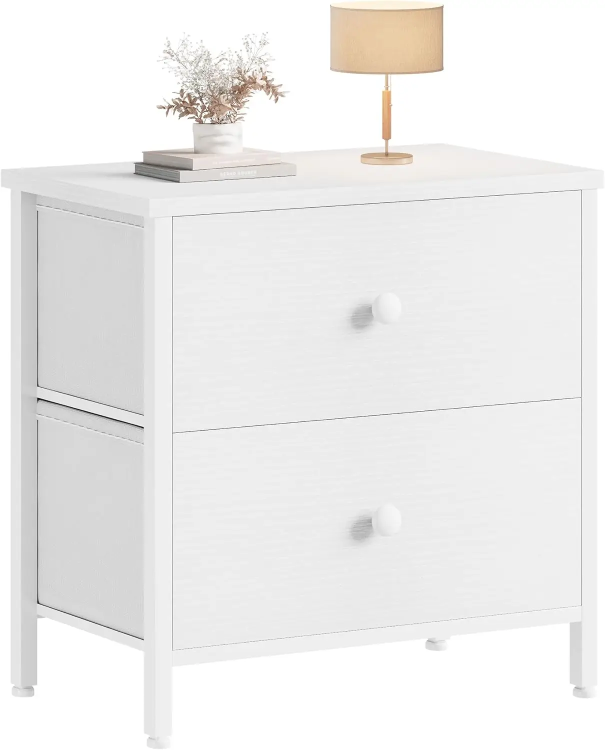 White Nightstand 2 Drawer for Bedroom,Small Night Stand with Fabric Drawers End Table Modern