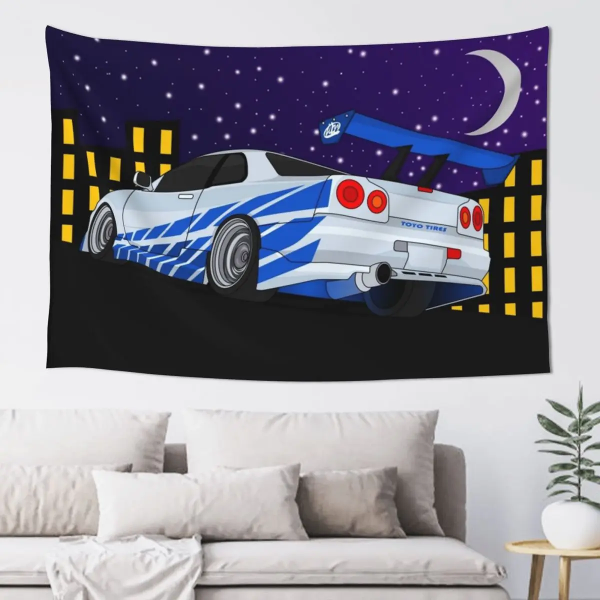 2 Fast 2 Furious R34 Skyline scene Tapestry Wall Hanging Wall Room Decore Aesthetic Home Decorating Home Decoration Tapestry