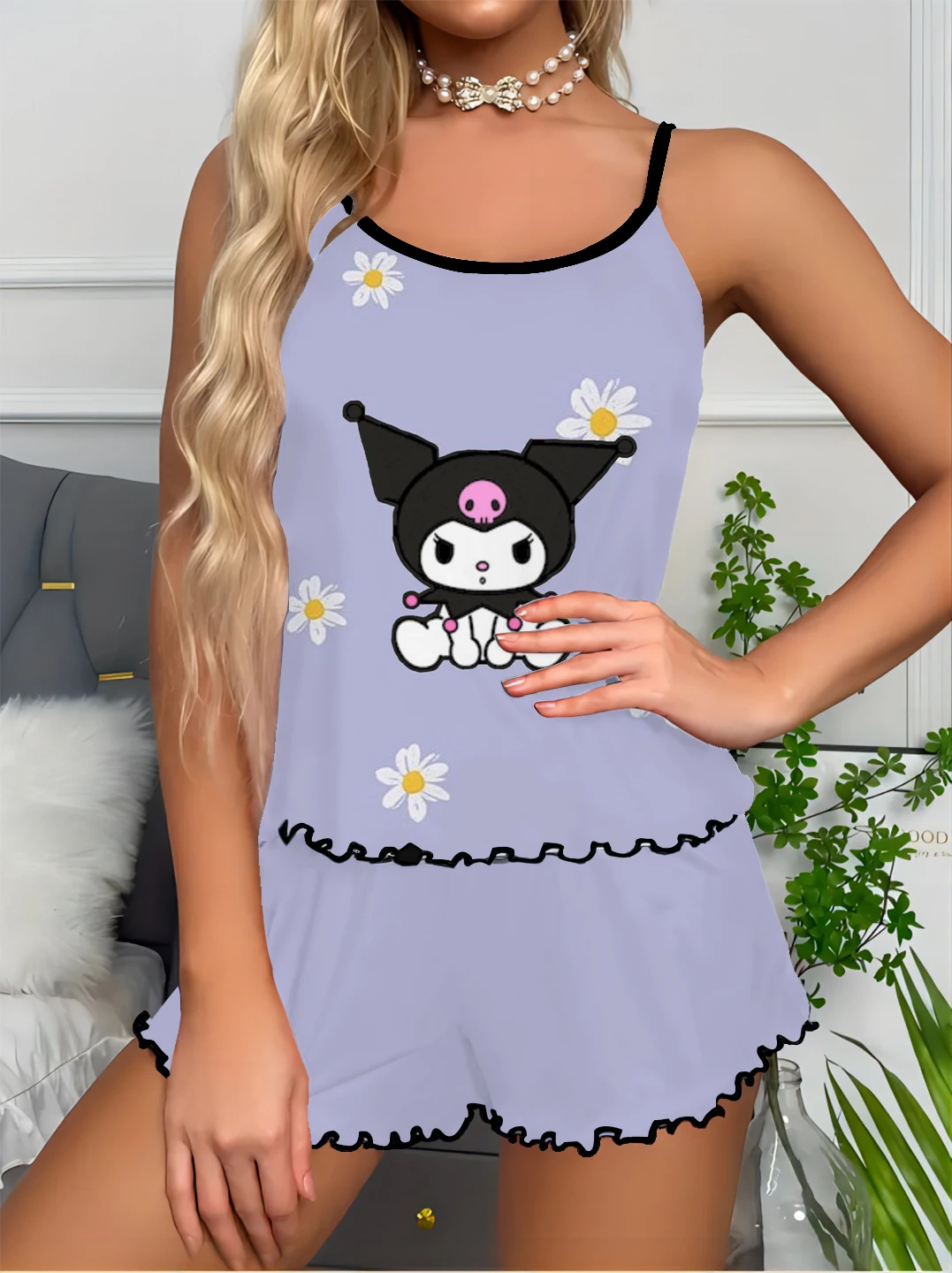 Kuromi Women's Pajamas Printed Suspender Top Shorts Cute Sweet Sexy Slim Fit Satin Home Pajamas Round Neck Suspender