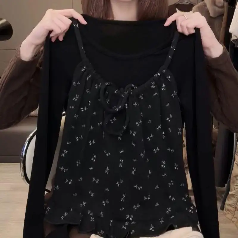 Korean Style Floral Print Halter Neck T-Shirt Women's Autumn Winter New Fashion Breathable Skin-friendly Long Sleeve Top