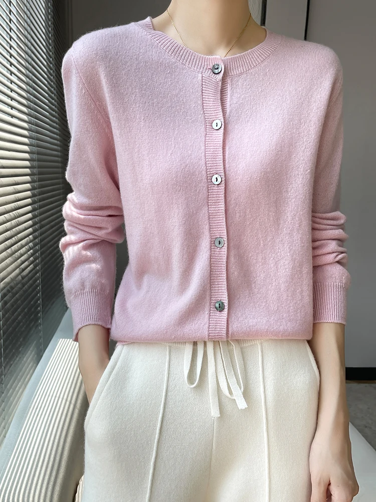 2024 Women's Cardigan 100% Goat Cashmere Round Collar Sweater Spring Autumn Winter Classic Cashmere Knitted Shirt Korean Fashion