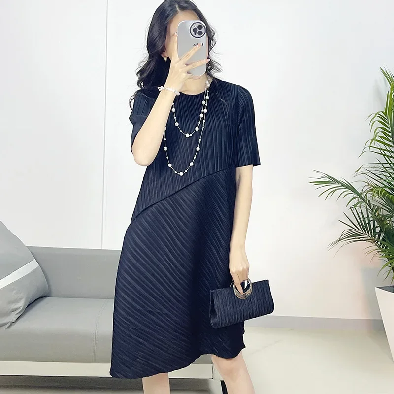 

Pleats 2024 New Style Splicing Mid-length Loose Casual Dress Miyake Women's Slimming Slim Pleated Dress for Fat Girls