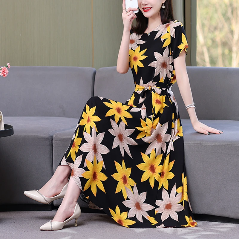 New Arrival Fashion 2024 Summer Dress Vestido Loose O-neck Casual Print Floral Cotton Linen Women Clothing Dresses Plus Size