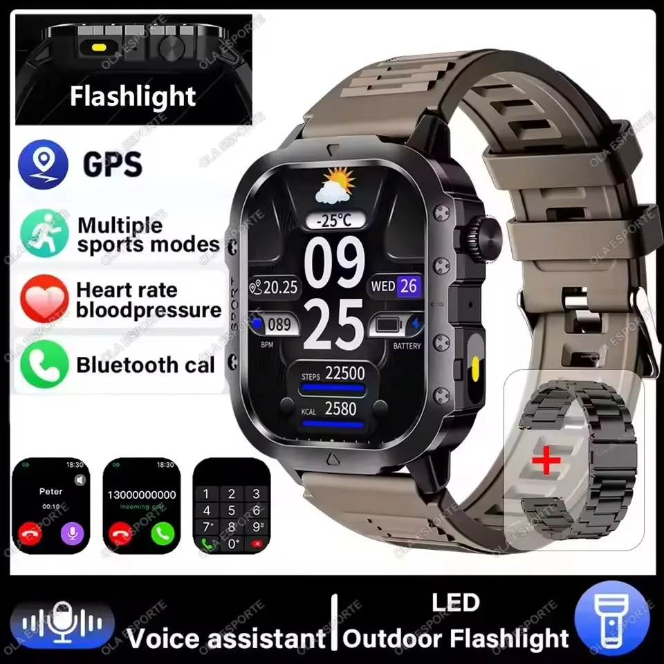 2026 Nieuwe Militaire Outdoor Smart Horloge Heren GPS Zaklamp Bluetooth Oproep 2.01 "AMOLED Scherm 3ATM Waterdichte Sport Smartwatch