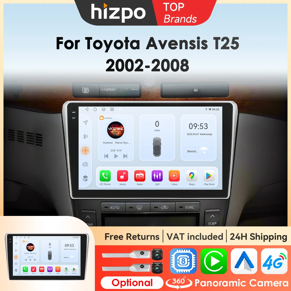 Hizpo 8-Kern-Autoradio für Toyota Avensis T25 2002 2003 2004 2005 2006 2007 2008 GPS Autoradio Carplay Monitor Android Auto WIFI