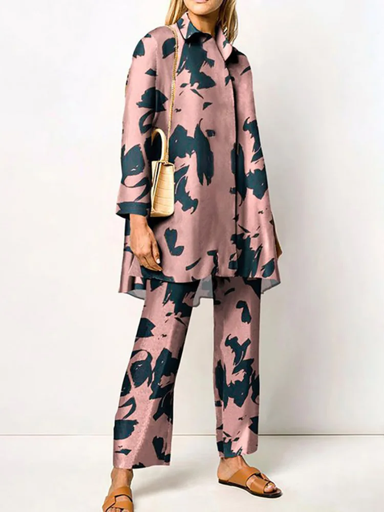 Turn Down Collar Long Shirts And Trousers Set Casual Lady Office Print Two Piece Set Women Single Breasted Tops Loose Pants Suit