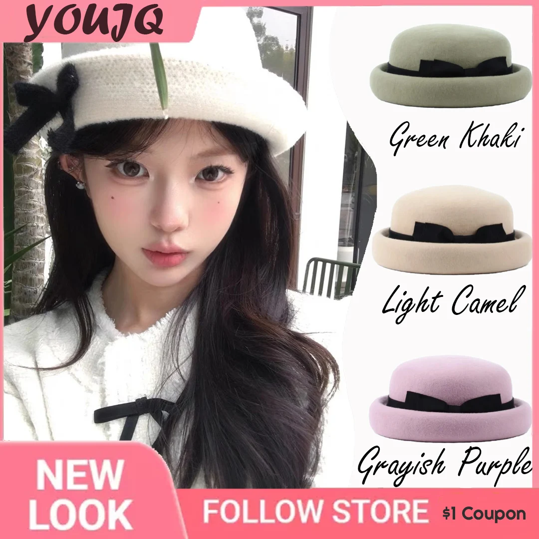 

Princess-style Bow Fedoras Hat Autumn Winter Wool Dome Rolled Berets Vintage Hepburn-style Top Hat Little Fragrance Bucket Gorra