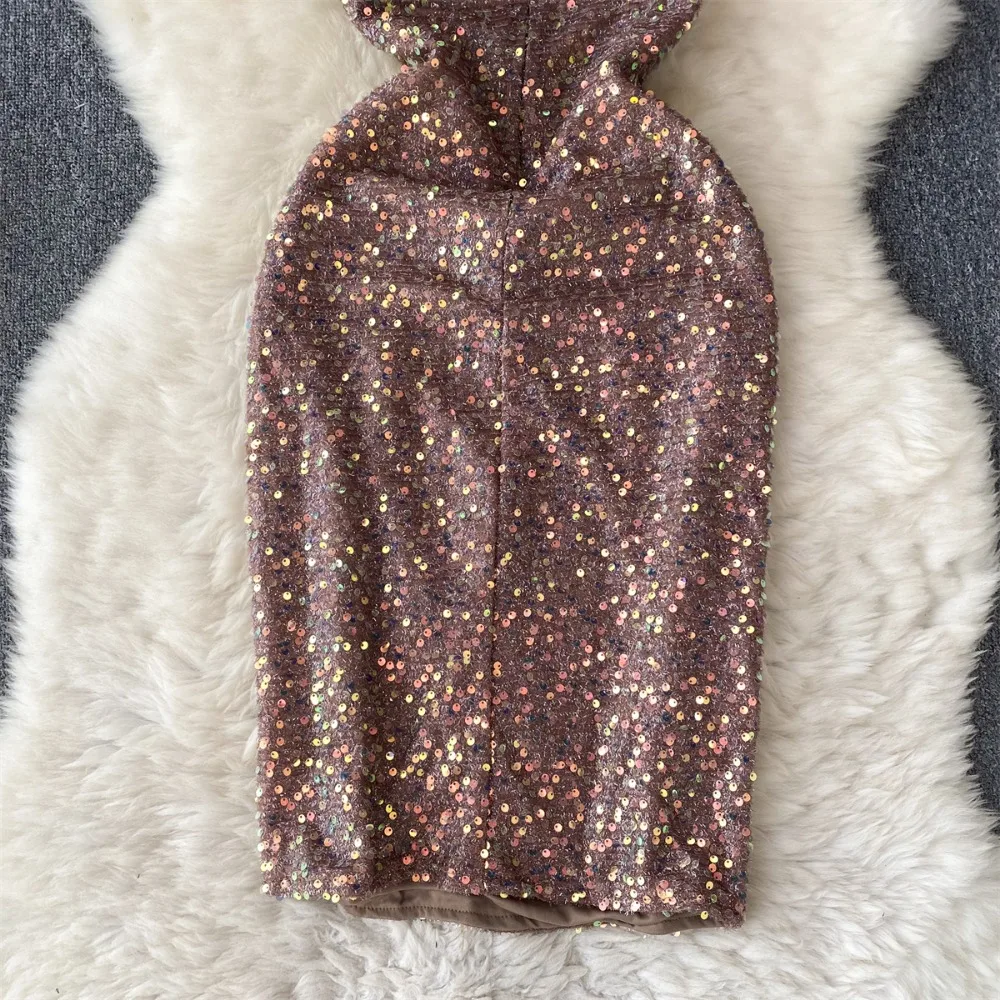Women Chic Sequin Patchwork Slip Dress Sexy Backless Elegant Evening Party Robe Women Vintage Slim Split Ceremonial Dress