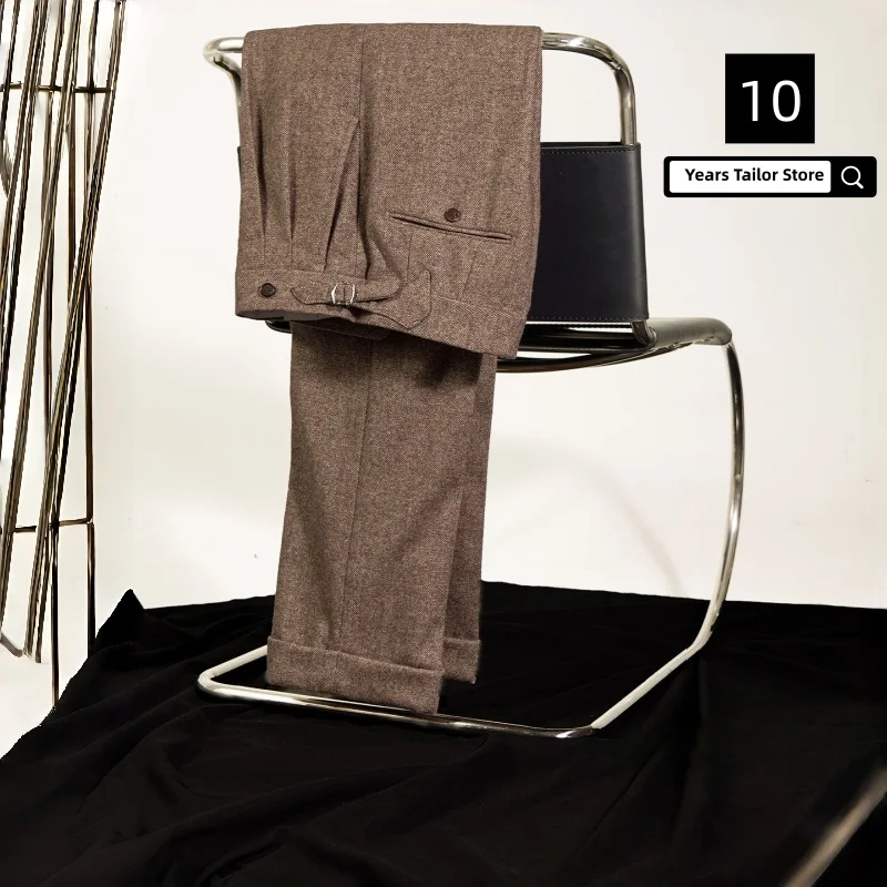 تويد خمر الرجال فستان بنطلون مزدوج الطيات الخصر مستقيم الساق بنطلون سميكة نمط الخريف الشتاء الزفاف بنطلون للرجال