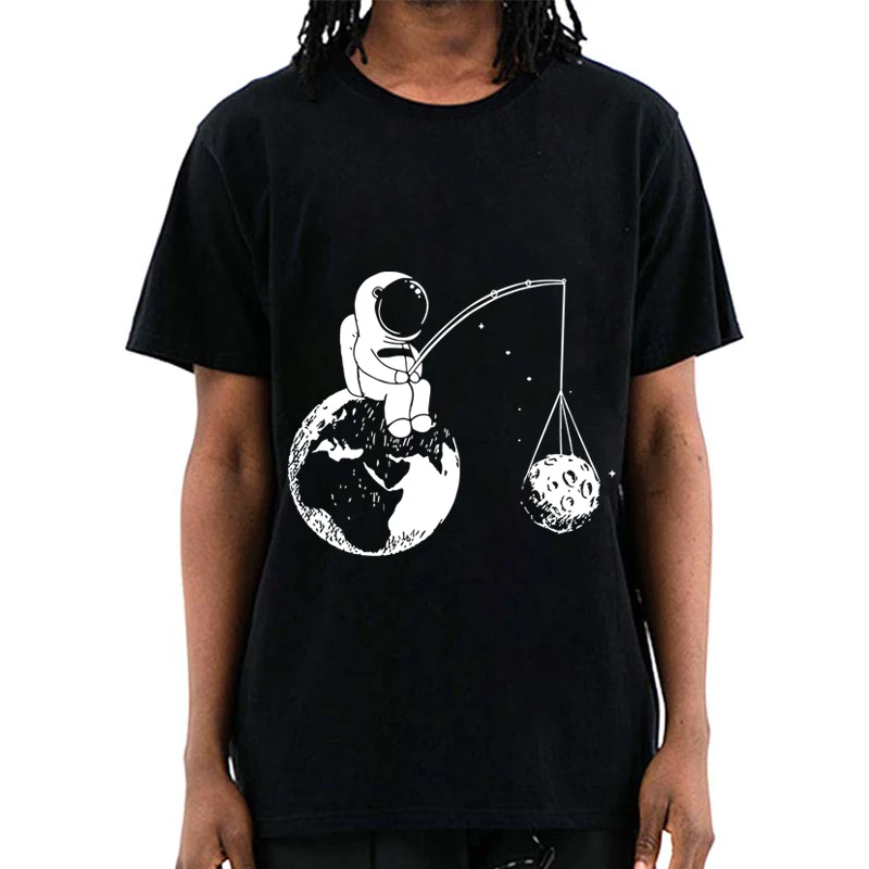 الصيف عادية الرجال عالية الجودة تي شيرت 100% القطن فضفاض مضحك تصميم رائد الفضاء الطباعة للرجال قميص رائع الذكور تي شيرت