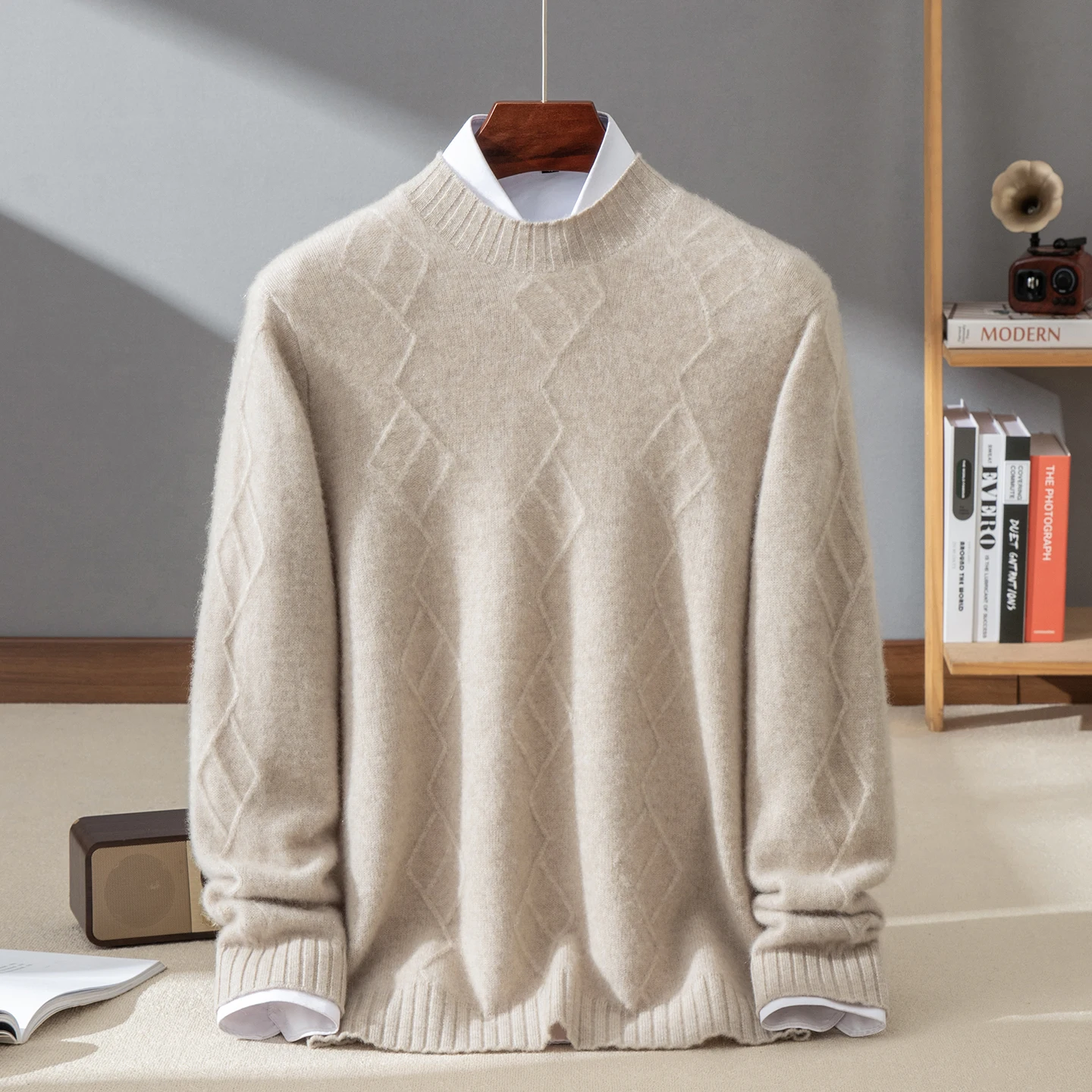 100% cashmere men's pullover casual knit thick sweater high-quality luxury trend Tops men's streetwear Mock collar Pull Jumper