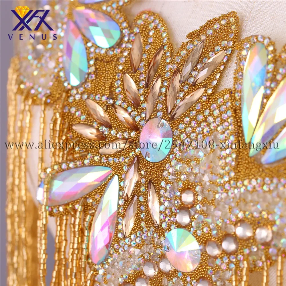 XFX VENUS Hot Sale New Wedding Embroidered Crystal Beaded Tassels Collar Appliques Multicolor Deep-V Neck Flower for Accessories