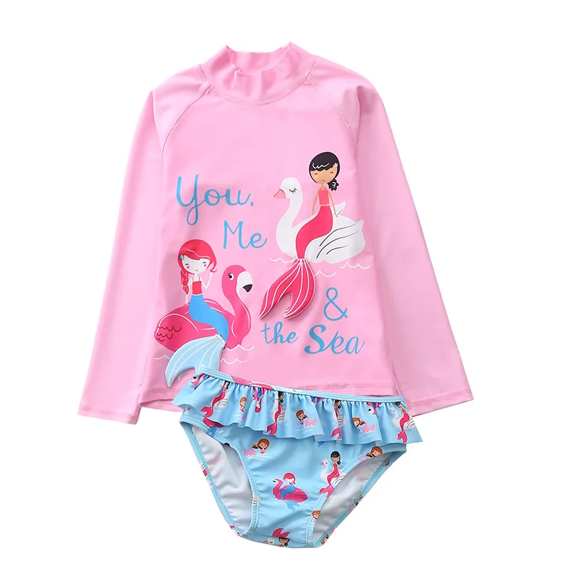 HappyFlute Summer Hot Sale Prints 2 Pieces Set Ins Style Split  Cartoon Long-sleeve Sun Protection Small Big Girl Swimsuit