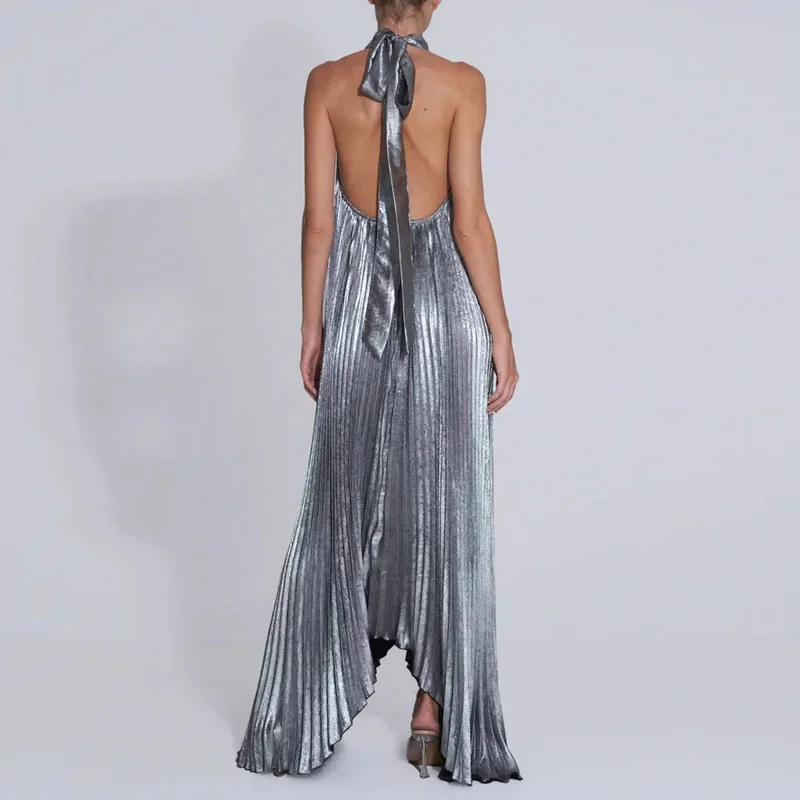 Spring Halter Tie-up Pleated Irregular Dress Woman Sexy Hollow Out Loose Evening Dress Summer Off Shoulder Sleeveless Boho Dress