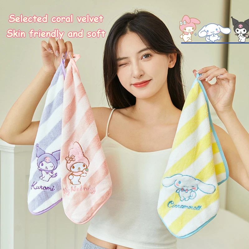 Sanrio Kuromi-toalla de mano de Anime Cinnamoroll My Melody para cocina y baño, toalla absorbente Kawaii de terciopelo Coral para niños