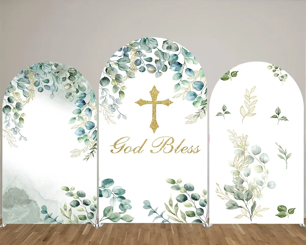 

Mehofond God Bless Arch Backdrop Cover Golden Cross Green Leaves Kids Baptism First Holy Communion Decor Christening 2-sided