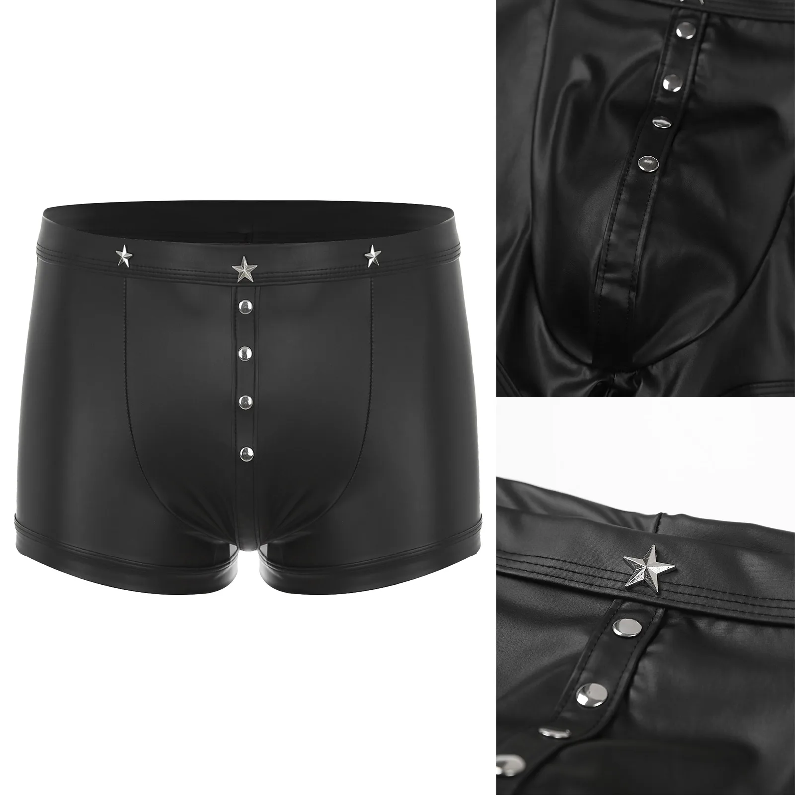 PU Leather Boxer Short Mens Shinny Briefs Low Rise Stars Rivets Pouch Swim Trunks Underwear Tight Fitting Cool Black Underwear