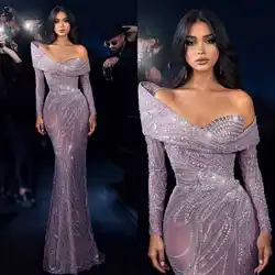 Sexy Mermaid Evening Dresses One-Shoulder Appliques Beaded Floor Length Elegant Party Evening Customized Vestido De Noite