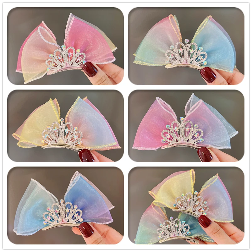 

15pcs Glitter Tiaras Gradient Tulle Bow Hairpins Rhinestone Crown Rainbow Color Tutu Bowknot Barrettes Boutique Hair Accessories