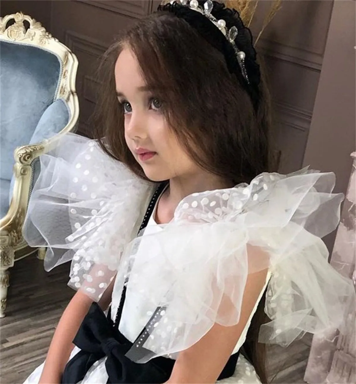 Vestido de niña de flores con lazo negro para boda, tul esponjoso hasta el suelo, vestidos elegantes para fiesta de cumpleaños eucarísticos para niños