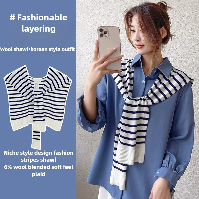 

2025 Striped Knit Wool Shawls Woman Luxury Decoration Fake Collar Office Aircon Room Warm Hijabs for Woman Luxury Designer Scarf