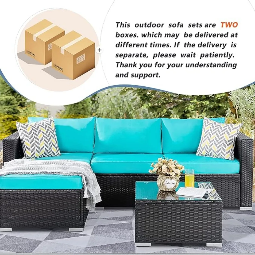 Garden sofa, 3-piece outdoor segmented sofa, silver all-weather rattan wicker small sofa, with washable cushions and glass table