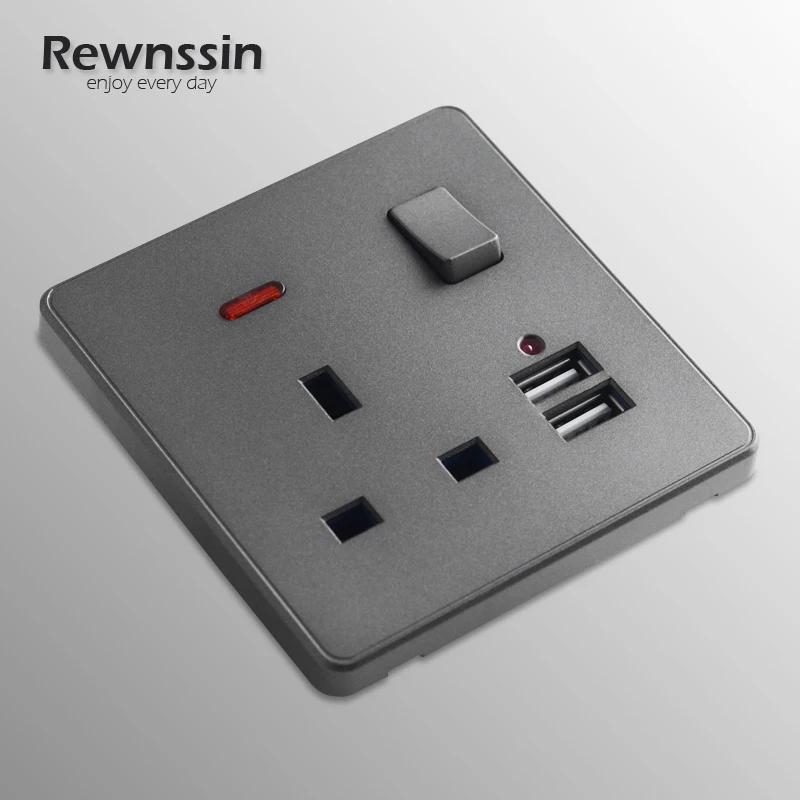 Wall Light Switch Gray Plastic Panel  UK Wall Electrical Sockets With USB Socket  110-250V Malta Singapore Outlets Power Socket