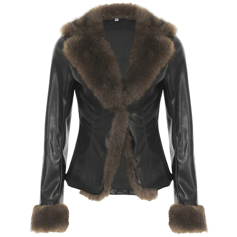 IAMHOTTY Faux Fur Patchwork Pu Leather Jacket Luxurious Furry Collar Warm Down Coats Winter Chic V-neck Cardigan Thick Outerwear