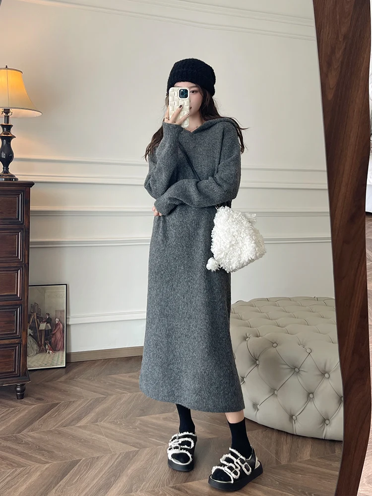

Zhang ei Soft Long ey Mixed Color Knitted Dr with Hood Women's Long H-Line Dr V-Ne Regular Sve Commute Sle