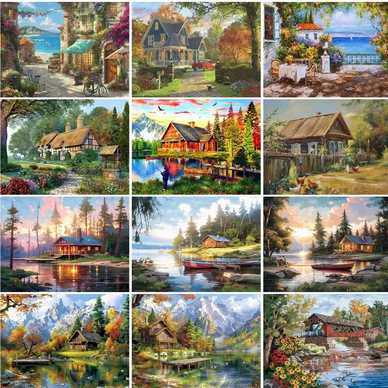 PhotoCustom Modern Painting By Numbers Gift Wooden House Artwork For Adults Drawing By Numbers Home Decors On Canvas Kill Time