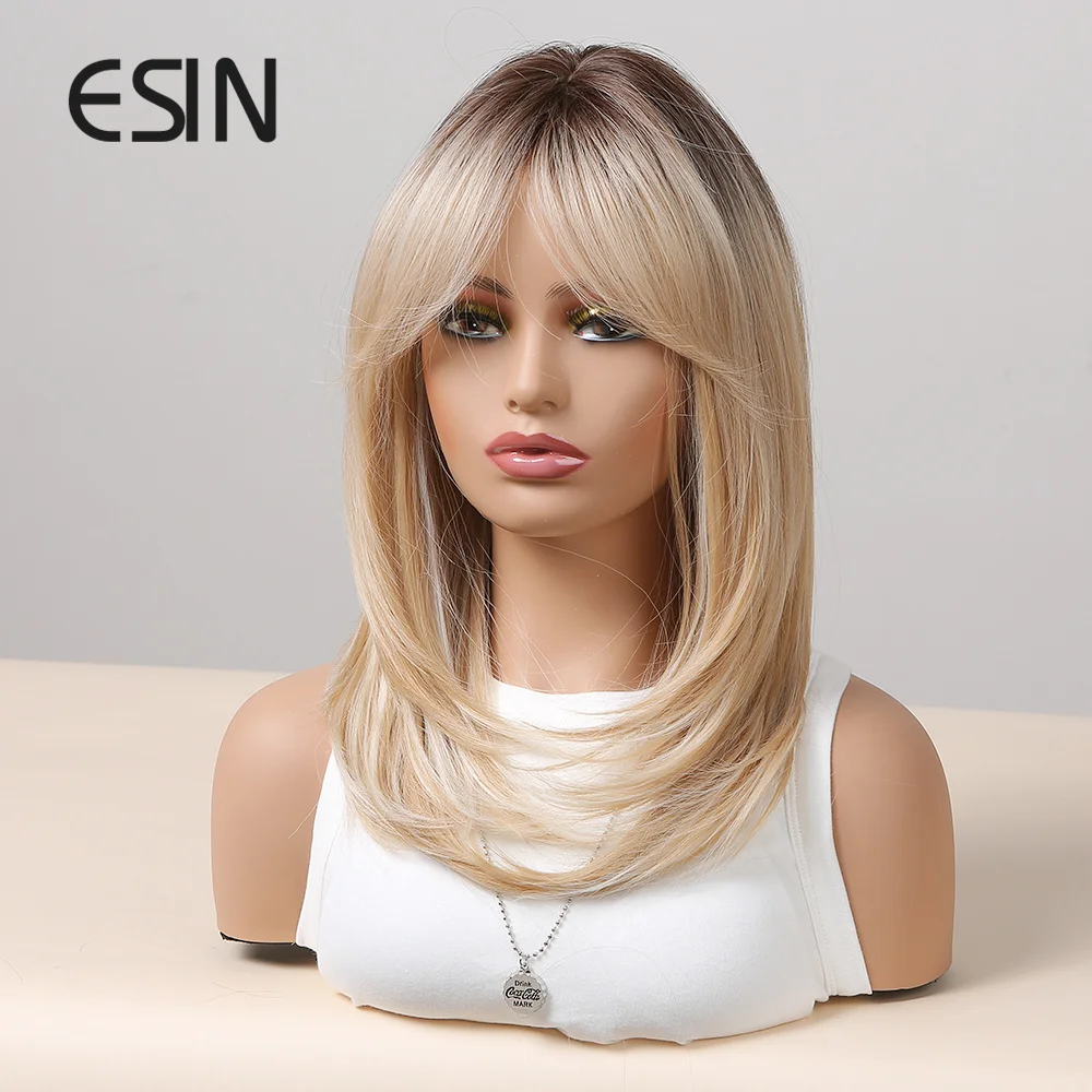 ESIN Long Ombre Blonde Wigs For Women Layered Natural Synthetic Hair Wig With Bangs Cosplay Heat Resistant Synthetic Wig image 4