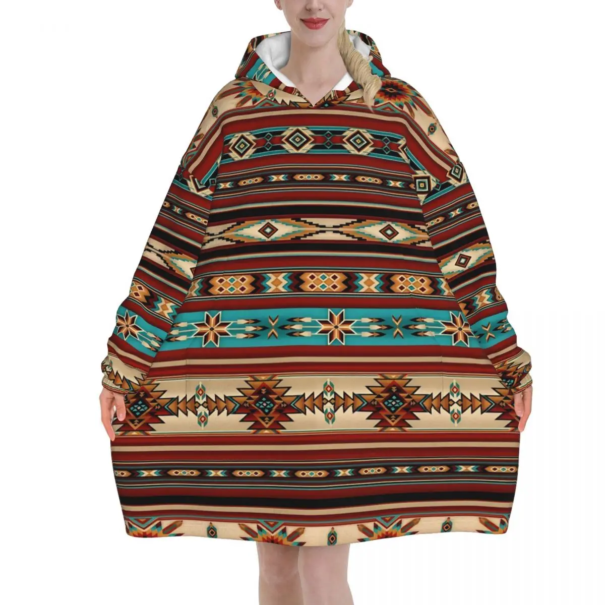 Southwestern Aztec Tribal Blanket Hoodie Wearable Blanket Large with Pocket Warm Sleeping Bag Soft Cozy Onesie