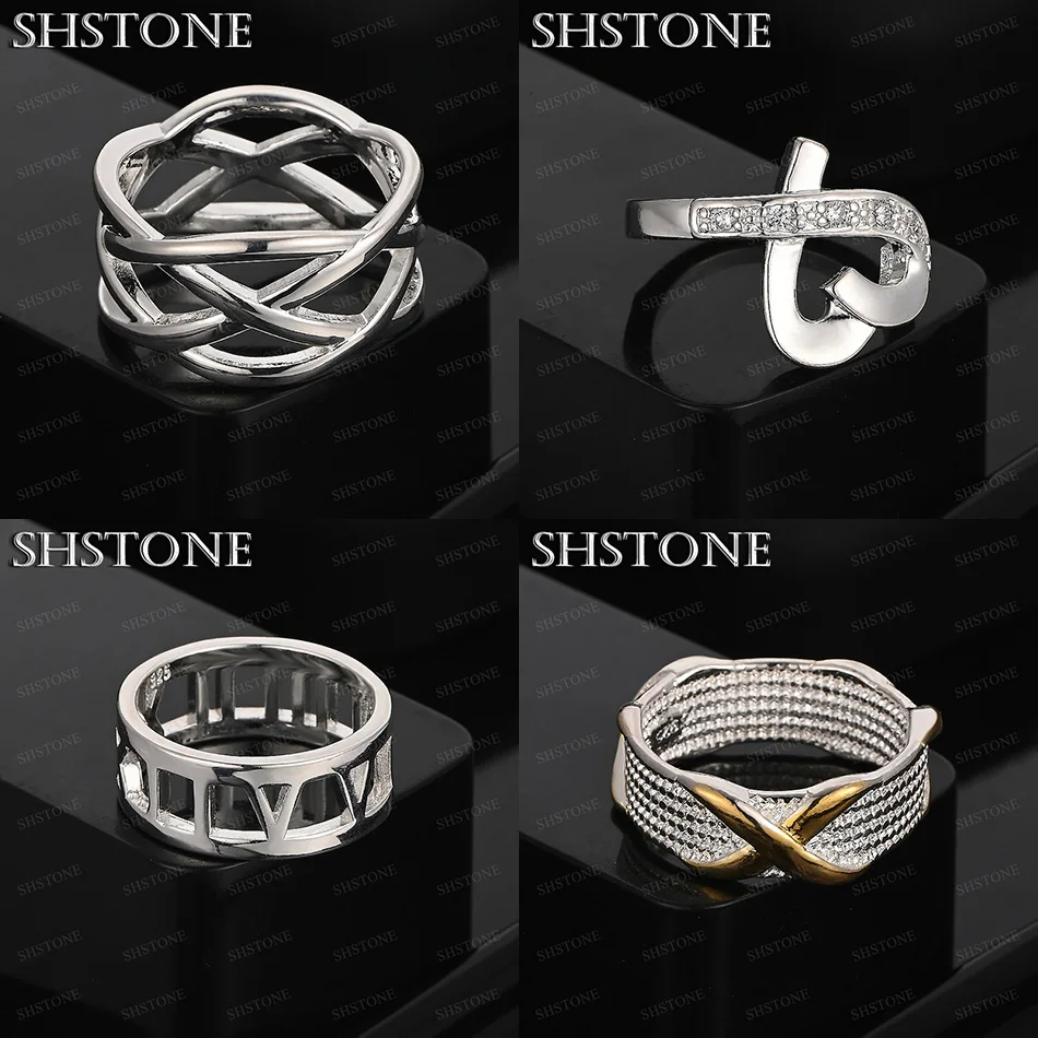 

Size 5-10 925 Sterling Silver Heart Shape Gold Letter X Hollow Round Cross Braided Ring Women Wedding Party Noble Fine Jewelry