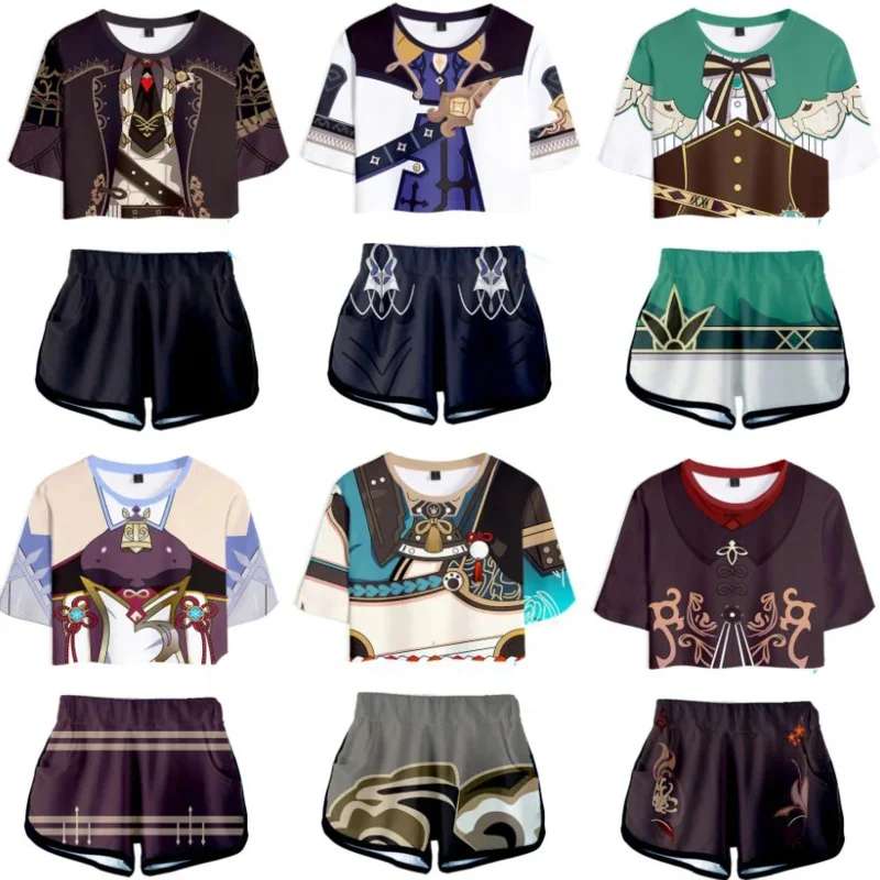 Genshin Impact Cosplay Costume Hutao Amber Diluc Kaeya Alberch Albedo Tartaglia Tracksuit Women Two Piece Set Tops and Shorts AS