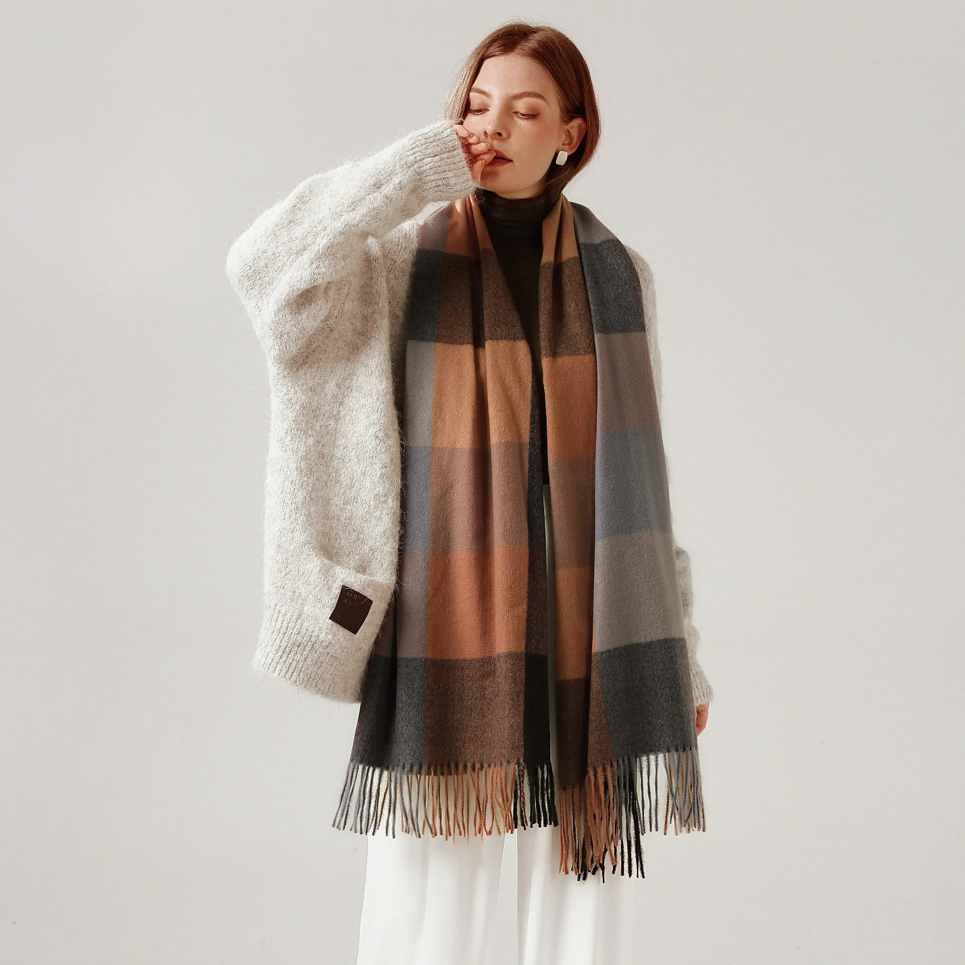 Winter Women New Luxury Striped Plaid Thickened Cashmere Scarf with Tassel Plaid Warm Shawl