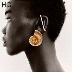 HUANQI Gold Color Big Sea Snail Earrings for Women Girls Earstuds Vintage Fashion Heavy Alloy Party Exaggerated Jewelry Gifts