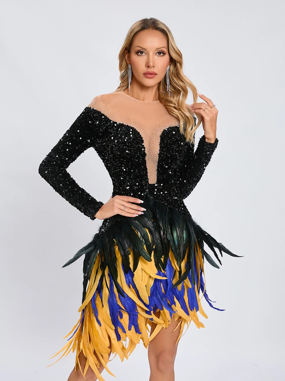 Modphy Luxury Birthday Women’S Feathers Sequin Strapless Mesh Long Sleeves Bodycon Mini Dresses Sexy Club Party Night Prom Robe