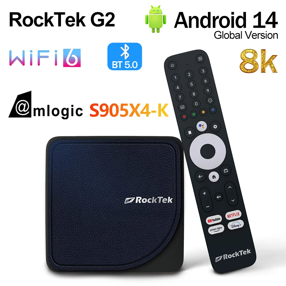 RockTek G2 Android 14 ATV 4K TV-Box Amlogic S905X4-K 1000M DDR4 Media Player Netflix Google-Zertifiziert DTS Dolby Audio Vision