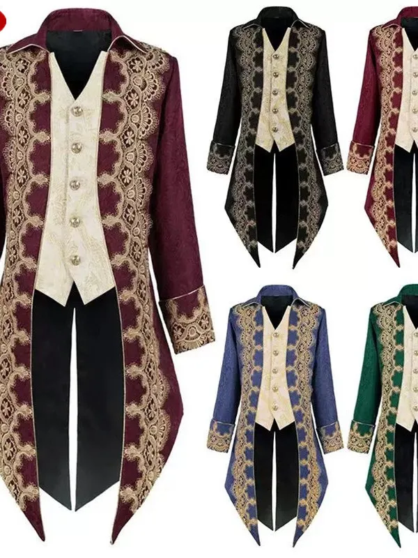 

Готический кружевной фрак Jaet, средневековый панк, мужской костюм для косплея, драматический костюм, полиэфирное волокно 00%