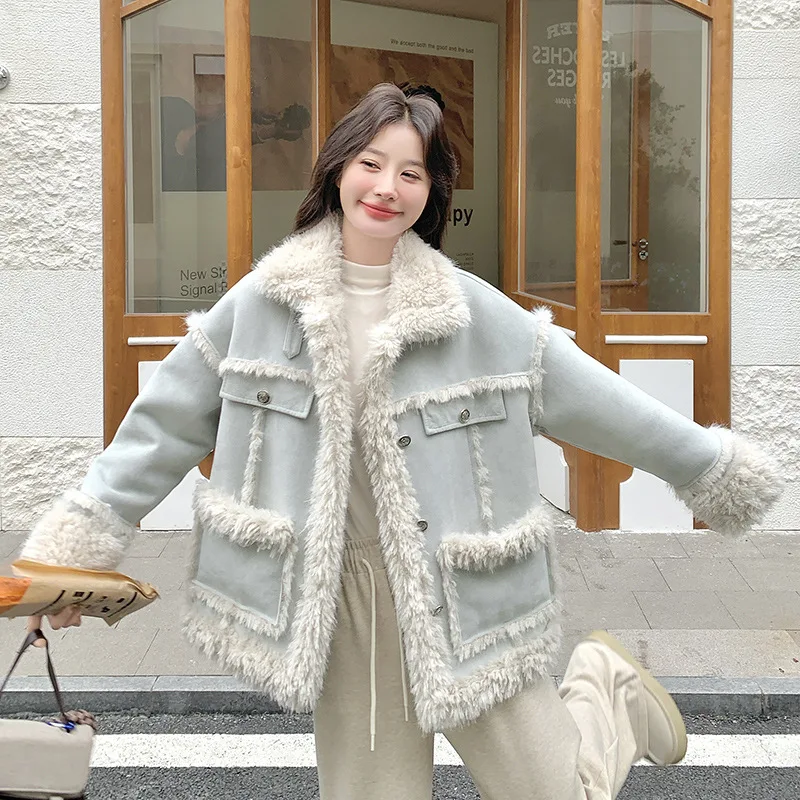 フェイクファーコート ライトブルー パッチワーク ラムウール 冬用ファー ジャケット フリース裏地付き レディース服 厚手 レザーファー ジャケット