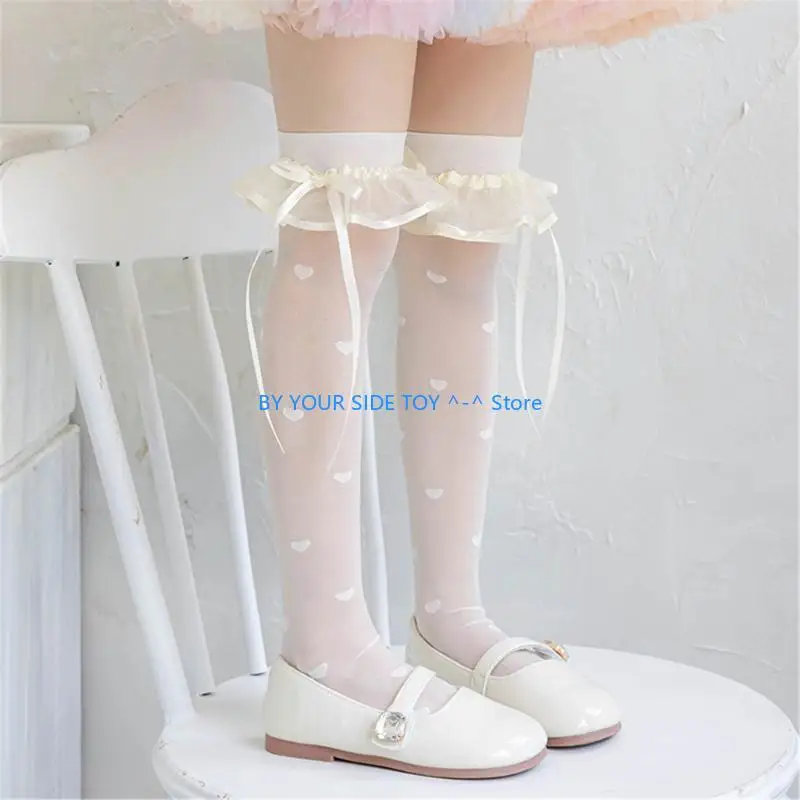 Lace Trim Ribbon Bowtie Socks Spring Stretchy Knee High Socks Girl Dress Socks AntiMosquito Socks U6XE