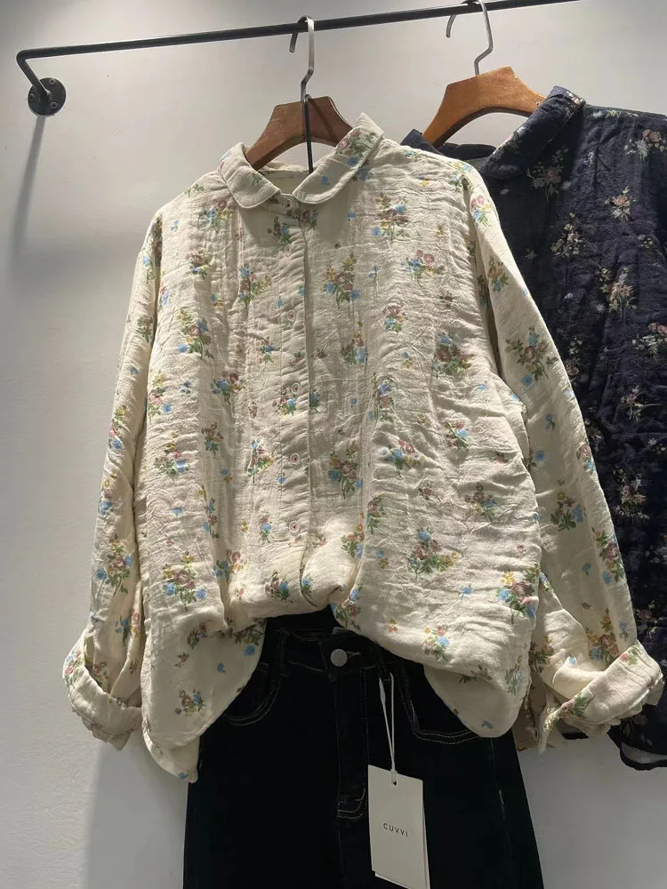 

Autumn Winter Women's Floral Print Loose Long Sleeve Shirt Double Layer Cotton Collar Versatile Casual Style Commute Fas...