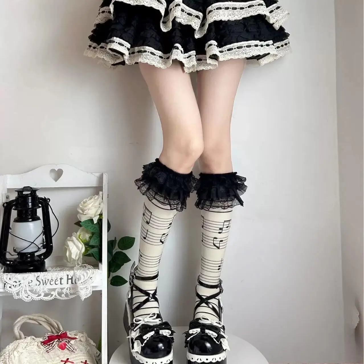 Japanese Y2K Girl Subculture Black Lace Ruffle Long Socks Music Note Tiered Lolita Vintage Stockings Gothic Mid-Calf Stocking image 4