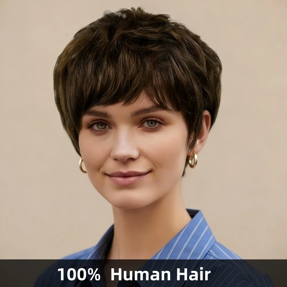 

Светло-коричневый короткий многослойный парик-пикси с челкой, 100% натуральные человеческие волосы, полностью машинной работы, прямой парик для женщин, для повседневной носки