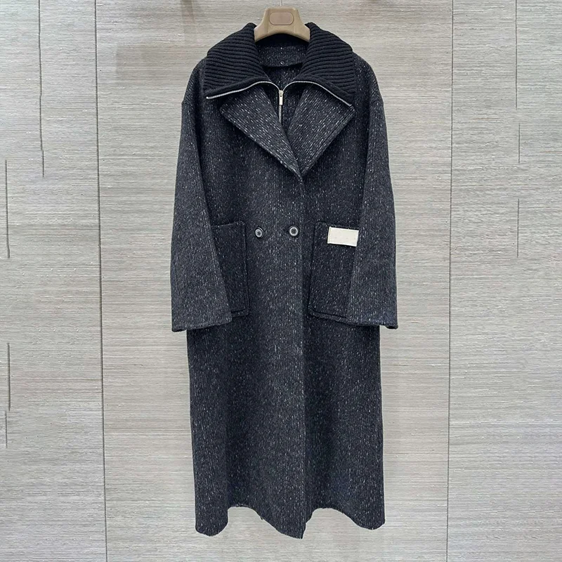 

High quality fall and winter double-layered long women's wool coat with interwoven lapel collars lady casual clothes 25110744