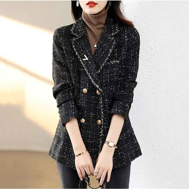 

Fashion Woolen Blazer Jacket Women Short Outwear 2023 New Spring Autumn Blazer Jacket Female Loose Double-Breasted Leisure Suit