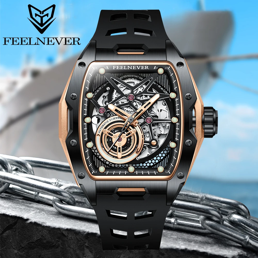 FEELENEVER Design Skeleton Automatic Watches for Men Luminous Shock Resistant Tonneau Mechanical Man Wristwatch Reloj Hombre New