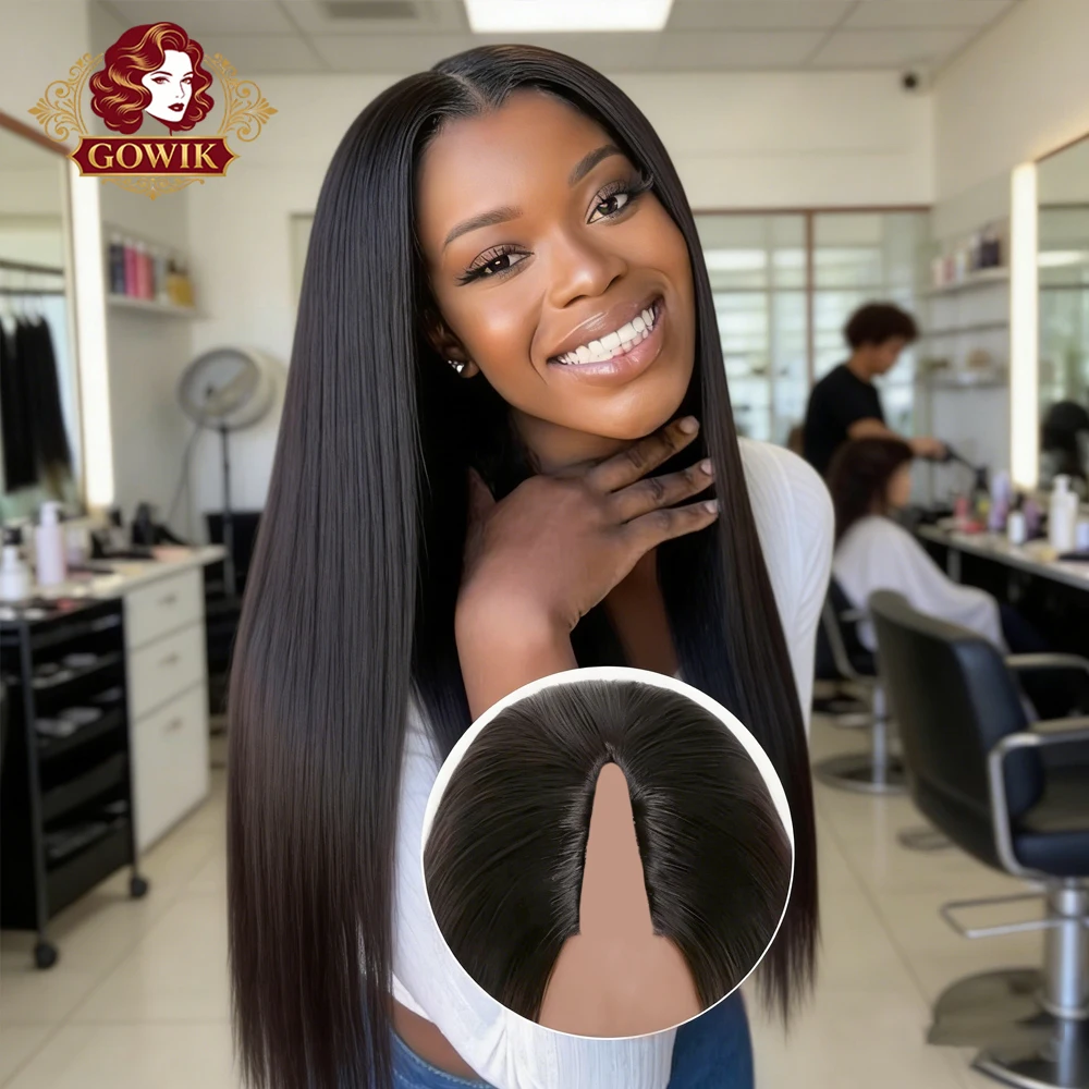 

V Part Wigs Human Hair 100% Straight Human Hair Wigs No Leave Out No Sew-In Glueless 230Density Natural Black Beginner Friendly